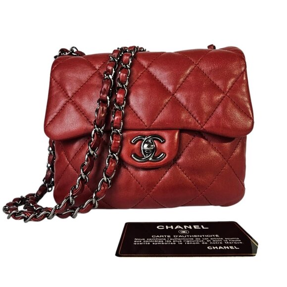 CHANEL CC Logo Mini Matelasse Double Chain Shoulder Bag Leather Red CC Quilted - Picture 13 of 16